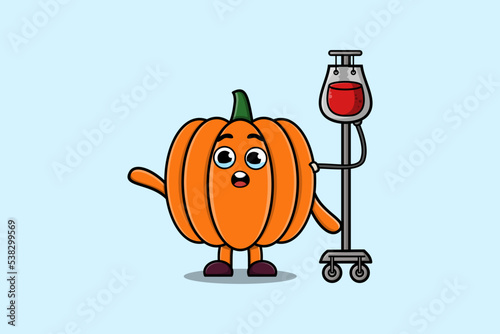 Cute cartoon illustration of Pumpkin having blood transfusion with cute modern style deign