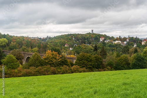 Syratalbrucke bridge and Barenstein hill with lookout tower in Plauen city in Germany