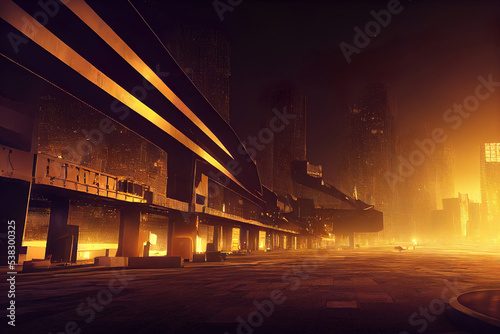 Futuristic city with skyscrapers, traffic light, neon lights, utopistic cyberpunk dark mood photo