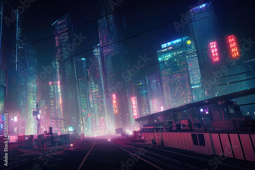 Futuristic city with skyscrapers, traffic light, neon lights, utopistic cyberpunk dark mood