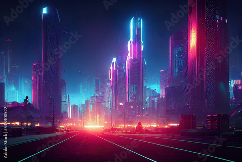 Futuristic city with skyscrapers  traffic light  neon lights  utopistic cyberpunk dark mood