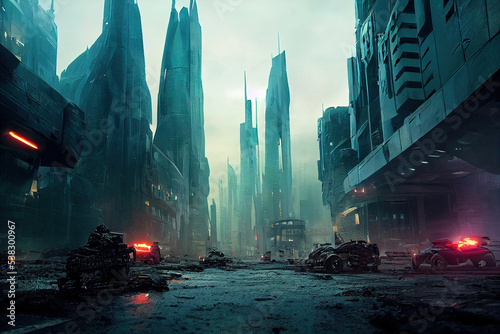 Futuristic city with skyscrapers, traffic light, neon lights, utopistic cyberpunk dark mood