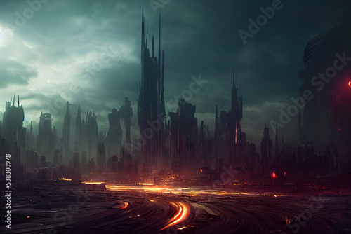 Futuristic city with skyscrapers, traffic light, neon lights, utopistic cyberpunk dark mood photo