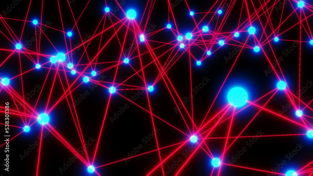 Abstract technology 3D background with neon glowing purple blue lines on black, plexus science graph.