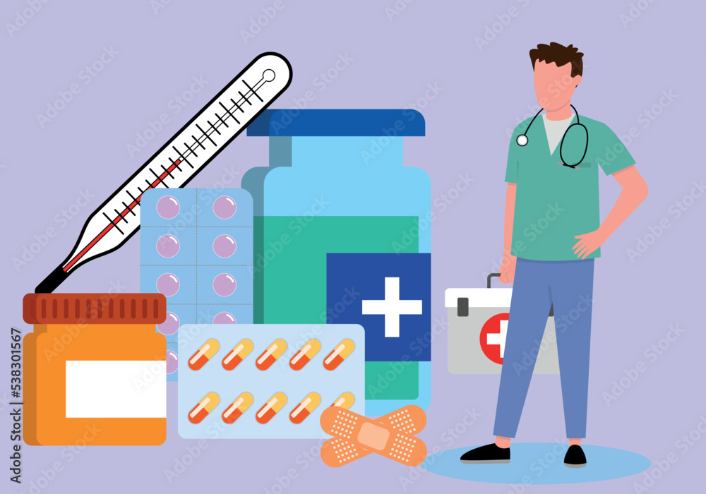 A medical professional stands next to pills and a thermometer