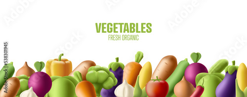 3d render cartoon icons of vegetables, group to the bottom of the canvas, isolated