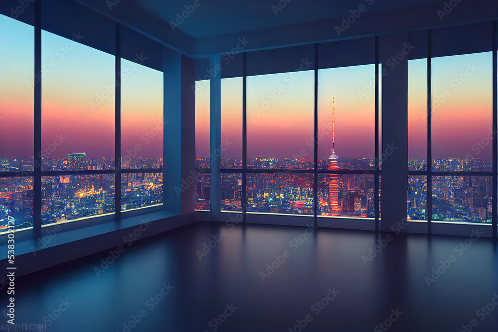 Fototapeta premium Luxury loft apartman interior, night city life, tokyo skyscrapers, metropolis background