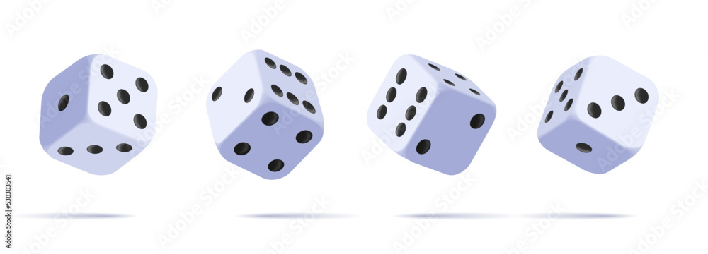 White dices with black dots set. Rounded corners cubes in the air, render 3d icons White dices with black dots set. Rounded corners cubes in the air, render 3d icons