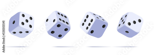White dices with black dots set. Rounded corners cubes in the air, render 3d icons