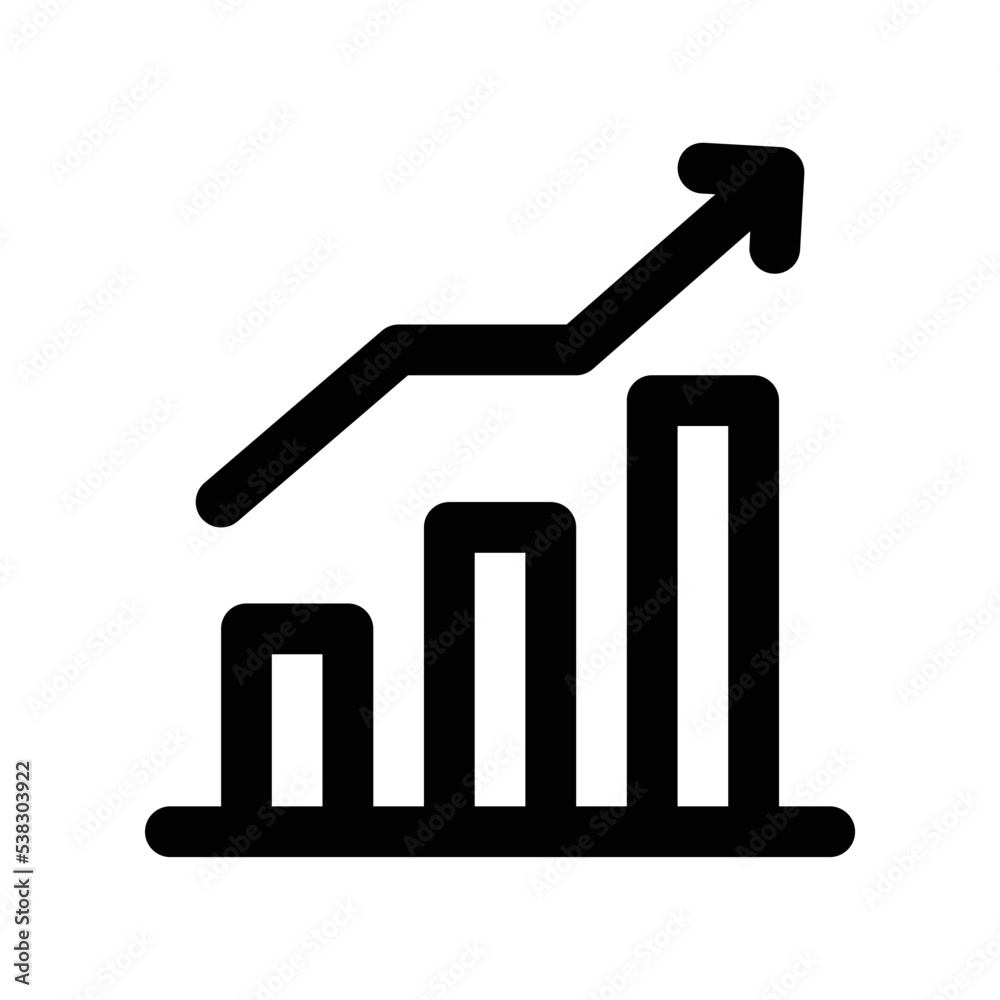 Analytics icon with bar chart and arrow in black outline style Analytics icon with bar chart and arrow in black outline style