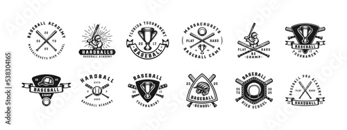 Set of vintage retro baseball game sport emblem, logo, badge, label. mark, poster or print. Monochrome Graphic Art. Vector Illustration. Engraving style.