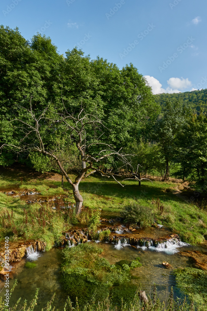 Small waterfall on a sunny summer day. Sight from the river (Lauter, Sinterterassen) in Germany, Swabian Alb, Gutenberg. Small waterfall on a sunny summer day. Sight from the river (Lauter, Sinterterassen) in Germany, Swabian Alb, Gutenberg.