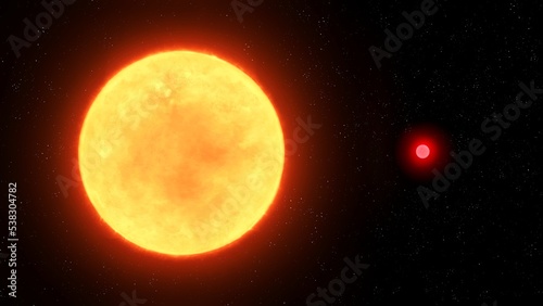 Large yellow and a dwarf red star star on a black background. Comparison of the sizes of the sun and the red dwarf. photo