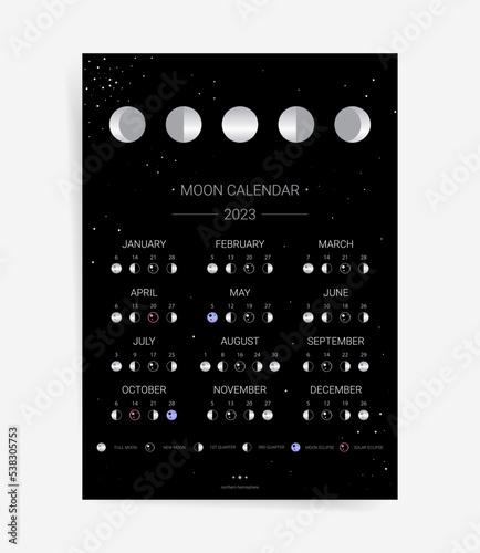 One page black moon calendar 2023 year card. Modern celestial lunar calendar 2023 poster template design. Lunar phases schedule concept. Vector illustration background. Astrology monthly calendar.	