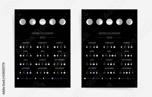 Set of one page moon calendars for 2023 and 2024 years. Black lunar calendar planner agenda templates. 