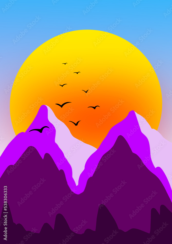 Fototapeta premium Sunset over mountains,with birds flying and blue sky in background illustration/digital art