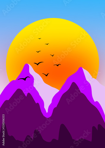 Sunset over mountains with birds flying and blue sky in background illustration digital art