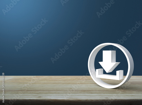 Download 3d icon on wooden table over light blue wall, Technology internet online concept photo