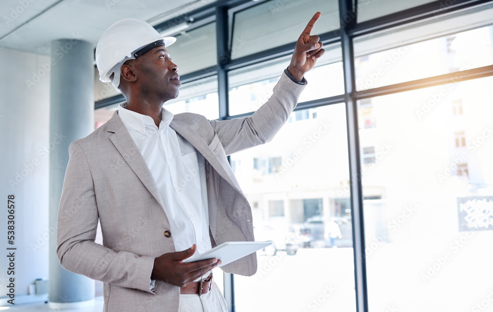 Fototapeta premium Engineer, tablet and planning building maintenance, construction or upgrade in office property. Contractor or realtor thinking of improvement strategy of real estate with online internet technology