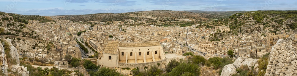 Extra wide aerial landscape of Scicli with beautiful historic buildings in the Baroque style