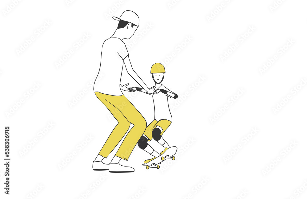 スケボーの練習をする親子のシンプルなイラスト