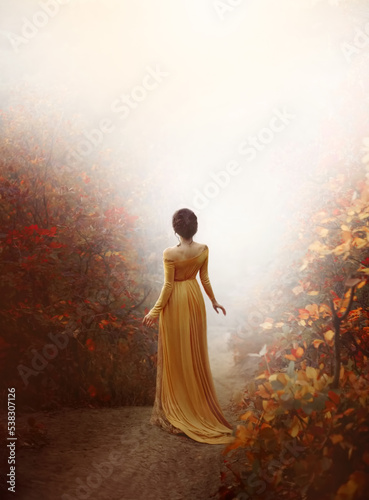 mysterious silhouette fantasy woman walking in autumn foggy forest, back rear view. Girl walks away. Women's long vintage historical dress. Collected hair high hairstyle. Art orange leaves trees trail