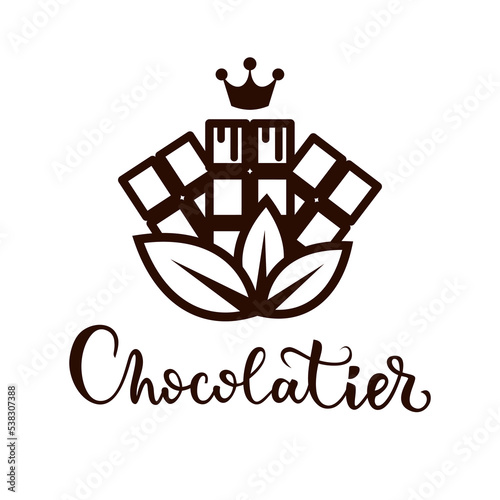 Vector tasty logo with chocolate bar. Chocolate with your own hands. Emblem for chocolatier, confectioner. Bean to bar chocolate.