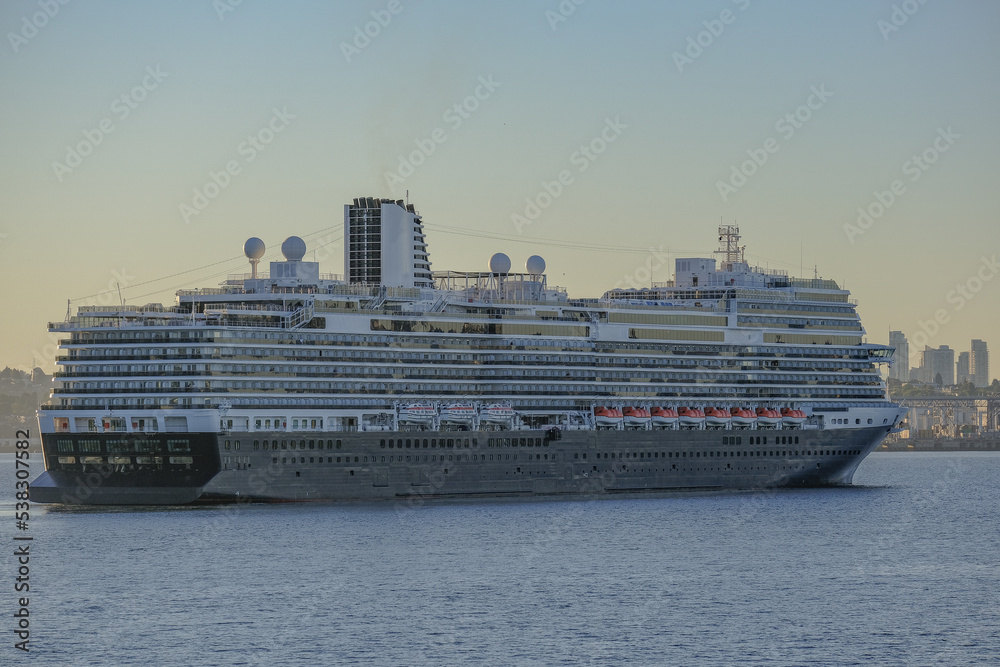 Holland America HAL cruiseship cruise ship liner Koningsdam arrival into Vancouver port, Canada from Alaska cruise