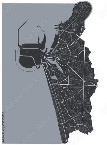 Colombo vector map. Detailed black map of Colombo city poster with roads. Cityscape urban vector.