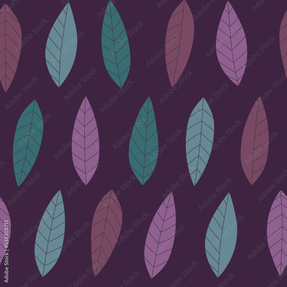 Vector seamless pattern with leaves  on dark background. Floral seamless pattern in scandinavian style. Natural fabric design in hand-drawn style. For textiles, wrapping paper, gift paper