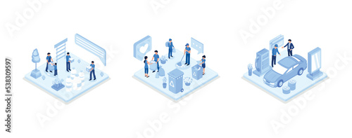 Character collecting plastic and other environmentally unfriendly trash, Woman and man taking out the garbage, People character standing at gas station and fueling his car, isometric vector modern ill