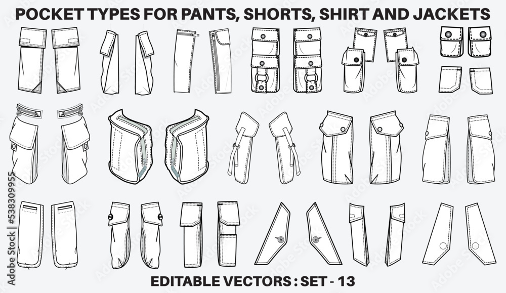 Patch pocket flat sketch vector illustration set, different types of