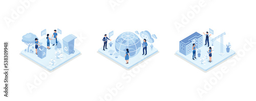 Environmental protection illustration set. Characters collecting plastic trash into recycling garbage bin, trying to reduce CO2 emission, working in green recycling industry, set isometric vector illu