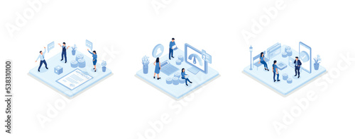 Credit approval illustration set. Characters with good credit score receiving loan approval from bank. Personal finance concept, set isometric vector illustration