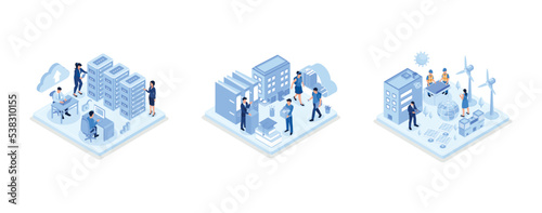 Web hosting service with cyber security technology concept, Students study online in university or college campus, Sustainable ESG industry with windmills and solar energy panels, isometric vector mod © Alwie99d