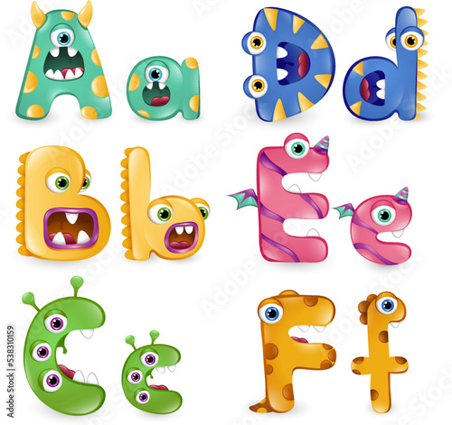 Monster letters on white background. Colourful alphabet of different cute monsters 