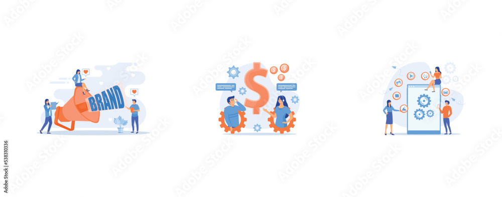 Naklejka premium Marketers with megaphone conducting brand awareness campaign, Customer has conversation on smartphone with assistant in real-time, SEO, website, software development, set flat vector modern illustrati