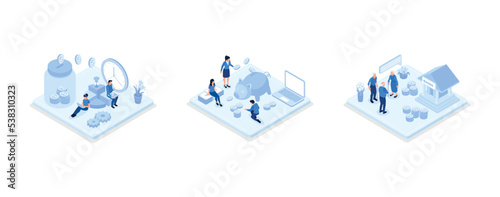 Retirement fund illustration set. People characters investing money in pension fund. Seniors saving money for retirement. Health investment concept, set isometric vector illustration