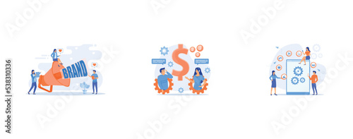 Marketers with megaphone conducting brand awareness campaign, Customer has conversation on smartphone with assistant in real-time, SEO, website, software development, set flat vector modern illustrati