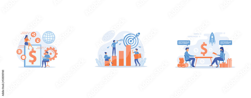 Businessman and woman transfer money with gadgets, Businessman on top looking into telescope and employees, Salesperson trying to persuade customer in buying product, set flat vector modern illustrati