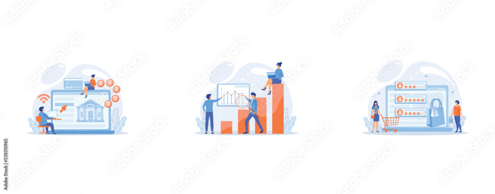 Tiny people with laptop and financial digital transformation, Marketers with magnifier research marketing opportunities chart, Tiny people customers rating online with reputation system program, set f