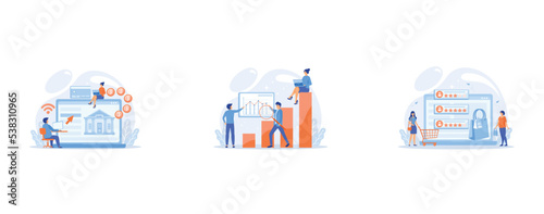 Tiny people with laptop and financial digital transformation, Marketers with magnifier research marketing opportunities chart, Tiny people customers rating online with reputation system program, set f