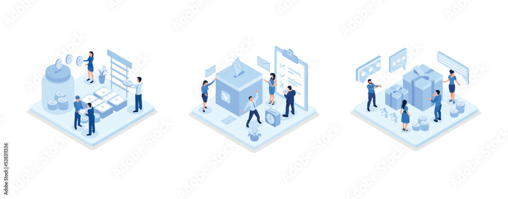 Volunteers Collecting and Putting Coins And Banknotes in Donation Jar, People Characters Putting Ballot Into Voting Box, People Characters Receiving Online Reward, isometric vector modern illustration