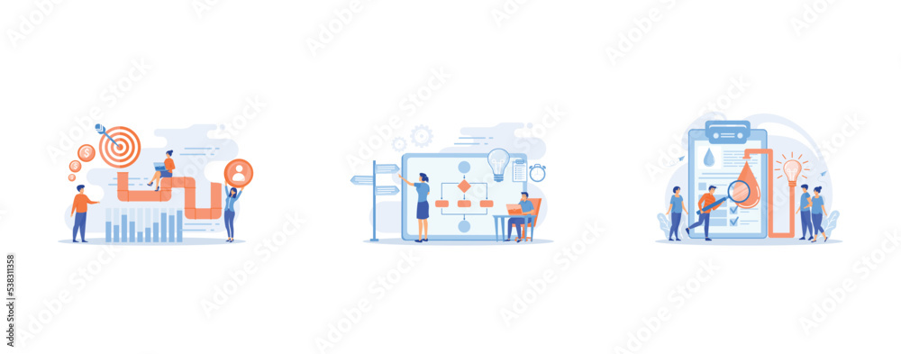 Sales reps and managers analyze sales pipeline, Business analyst with laptop, idea lightbulb and waymark, Consumers with magnifier testing new product properties, set flat vector modern illustration Sales reps and managers analyze sales pipeline, Business analyst with laptop, idea lightbulb and waymark, Consumers with magnifier testing new product properties, set flat vector modern illustration