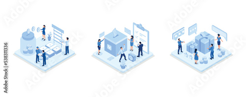 Volunteers Collecting and Putting Coins And Banknotes in Donation Jar, People Characters Putting Ballot Into Voting Box, People Characters Receiving Online Reward, isometric vector modern illustration © Alwie99d