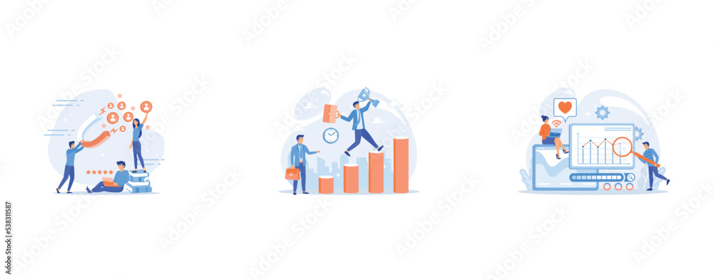 Customer feedbacks analyzing, likes farming, Personal development and goals achievement, Search engines, online marketing and seo tools, search engines optimization concept, set flat vector modern ill