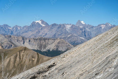 Scenic view of Bar of the Ecrins and Pelvoux peak glaciers seen from Sommeiller peak photo