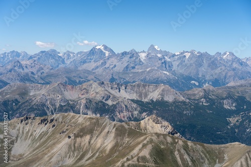 Scenic view of Bar of the Ecrins and Pelvoux peak glaciers seen from Sommeiller peak photo