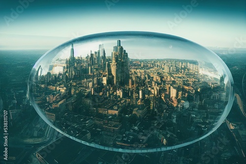 Futuristic modern city covered giant glass dome. Protection ecology concept photo