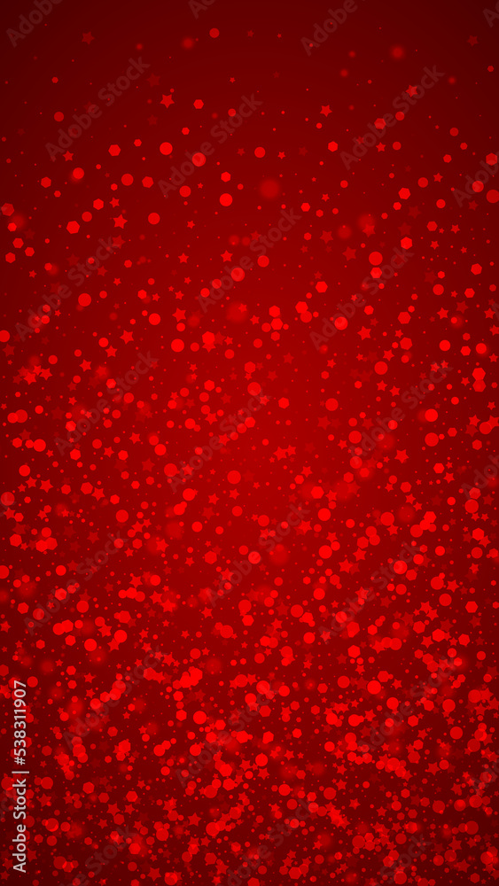 Snowy christmas background. Subtle flying snow flakes and stars on christmas red background. Delicate sweet snowy christmas. Vertical vector illustration. Snowy christmas background. Subtle flying snow flakes and stars on christmas red background. Delicate sweet snowy christmas. Vertical vector illustration.